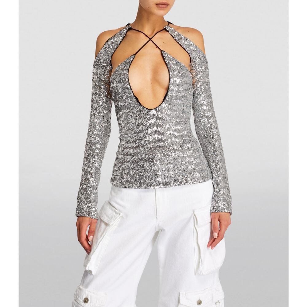 The Attico Sequin Zane Metallic Crossover Cut-out Top